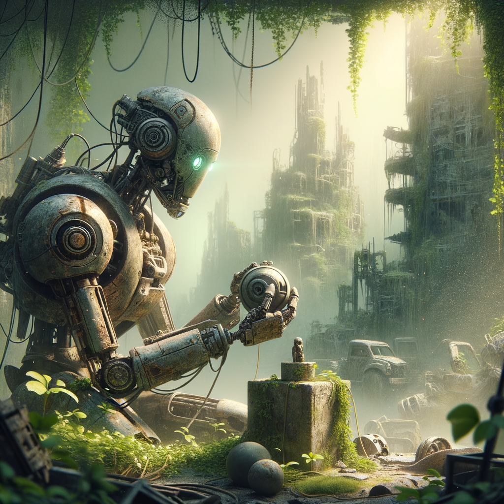 Futuristic robot in abandoned city